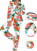 EPLAZA Silk Pajamas for Women Satin Pajamas Set 5 Pcs Long Sleeve Print Pattern Button Down Pjs Sleepwear Loungewear Set