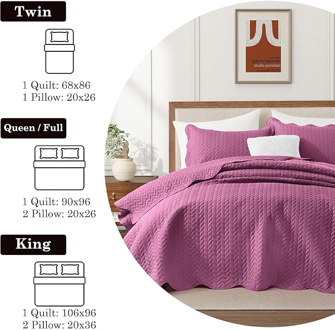 IR Imperial Rooms King Quilt Bedding Set Size (106" x 96") + 2 Pillow Shams (20" x 36"+ 2") - 3 Pcs All Season Lightweight Reversible Microfiber Coverlet Embossed Quilt Bedspread (Purple)