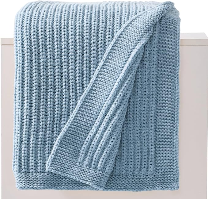 Chunky Knit Blue Throw Blanket for Couch Soft Cozy Large Thick Knitted Throw Blankets for Sofa Bed Cute Decorative Throw Blanket for Living Room,60"x 80",Light Blue