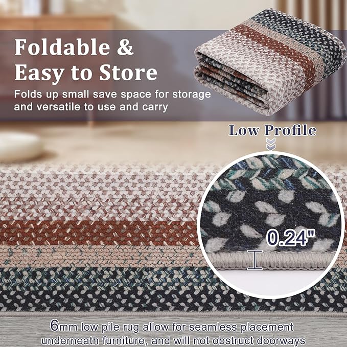 RUGSREAL 9x12 Braided Area Rug Washable Living Room Rug Modern Braid Printed Large Bedroom Rug Dining Room Throw Carpet with Rubber Backing Farmhouse Accent Carpet for Home Decor Office, Olive/Brown