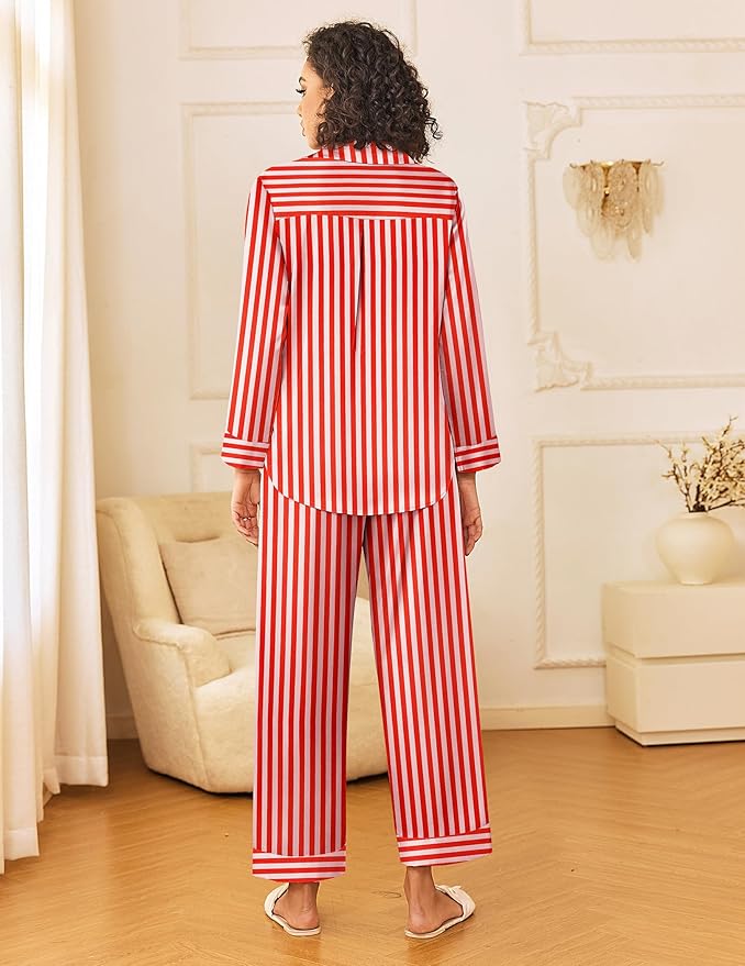 Ekouaer Womens Silk Satin Pajama Sets 2 Piece Sleepwear Pjs Set Long Sleeve Button Down Top and Pants Stripe Loungewear S-XXL