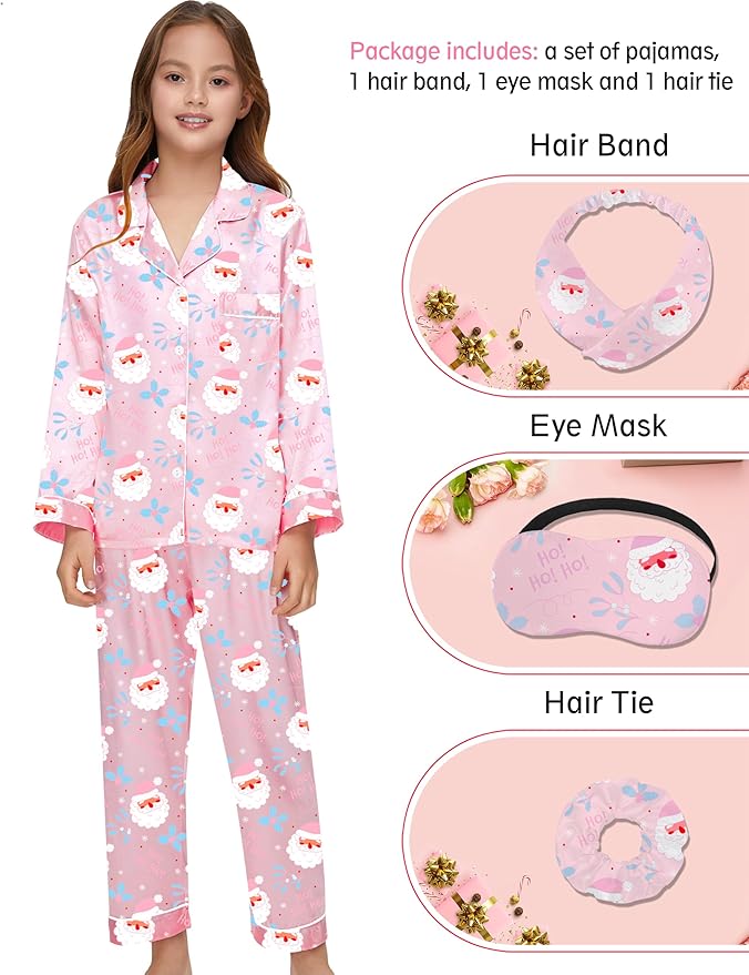 EPLAZA Kids Satin Pajamas Sets Girls Boys Button-Down Silky Pajamas Sleepwear with Hairband Eye Mask Hair Tie