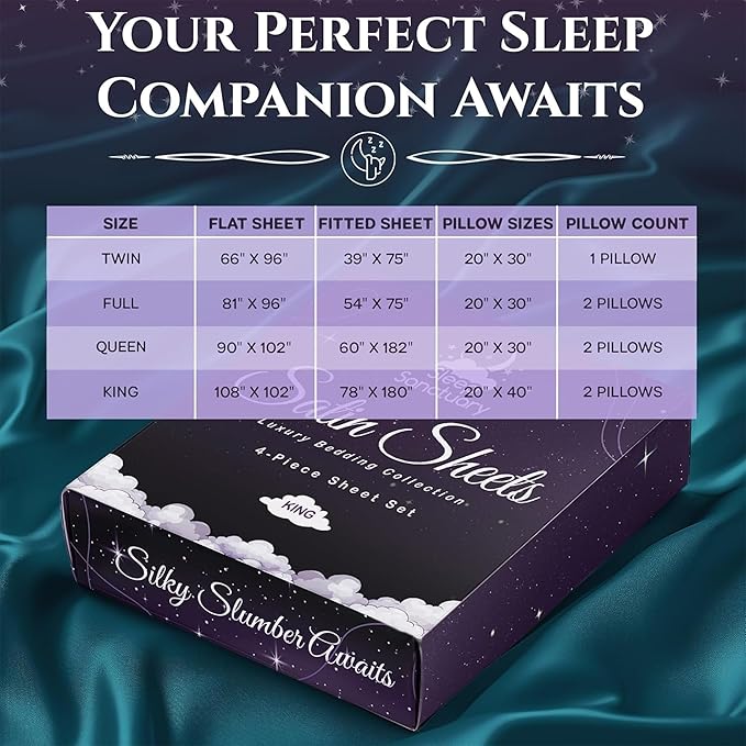 SLEEP SANCTUARY Satin Sheets Twin Size – 3 Piece Luxury Silky Bed Set, Softer Than Silk, 15" Deep Pocket, Cooling & Wrinkle-Free, Moisture-Wicking & Breathable for Hair & Skin (Sea Teal)