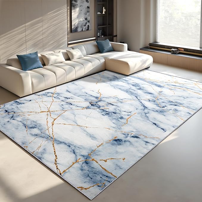 CRYPTOLITE Living Room Rug Washable Abstract Rugs with Non-Slip Backing Low Pile Area Rug for Living Room, Bedroom, Dining Room, 6x9, Blue