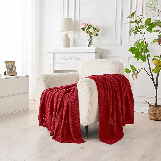 Douceur Christmas Red Throw Blanket for Bed, Soft Cozy Lightweight Stripe Pattern Knitted Throw Blanket for Sofa, Living Room Gift, 60"X80"