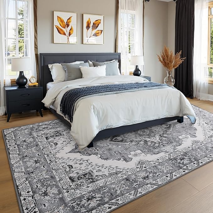 CRYPTOLITE Living Room Rug 7x10, Machine Washable Area Rug Non Slip Low Pile Rug for Living Room, Bedroom, Farmhouse, Dining Room, Grey