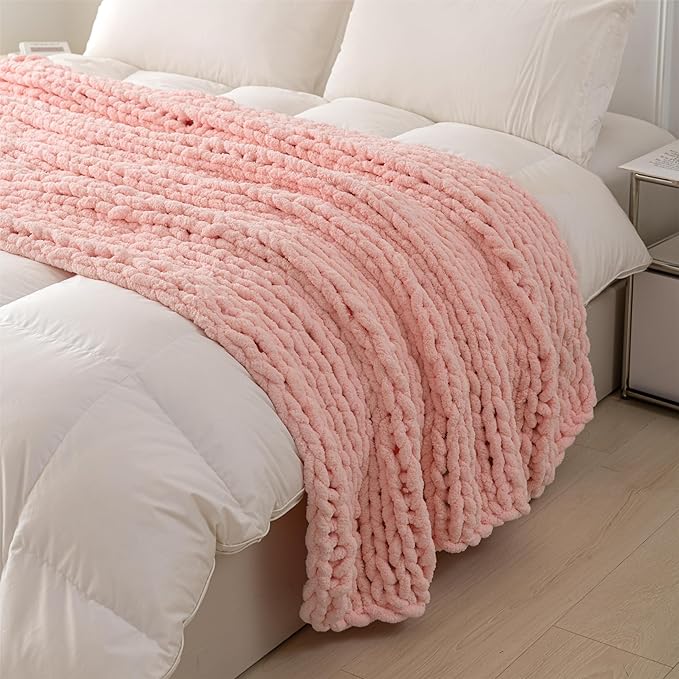 Luxury Chunky Knit Blanket Throw, Handmade Thick Chenille Yarn Throw 50x60, Blush Pink Cable Knit Crochet Blanket, Decorative Cozy and Soft Crochet Throw Blanket for Couch Home Decor