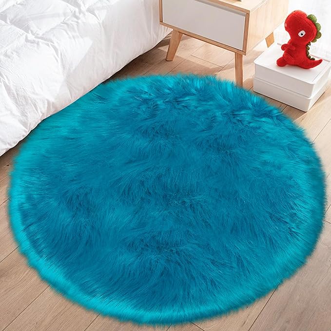3ft Small Round Blue Rug,Thick Furry Fluffy Carpet for Teen,Sheepskin Fur Shaggy Circular Rug for Indoor Bedroom Room Living Room Nursery Decor Chair
