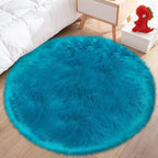 3ft Small Round Blue Rug,Thick Furry Fluffy Carpet for Teen,Sheepskin Fur Shaggy Circular Rug for Indoor Bedroom Room Living Room Nursery Decor Chair