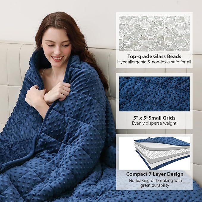 Minky Dot Weighted Blanket for Adults Queen Size 15 lbs, Soft Cozy Heavy Blanket for Stress Relief and Sleep Promotion, Warm Blanket for Autumn Winter with Glass Beads, Navy Blue 60 x 80 inches