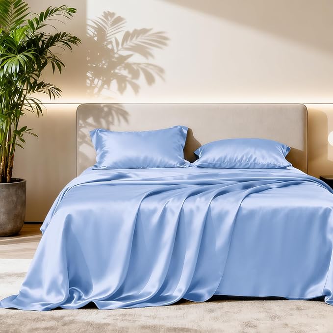 Love's cabin Satin Queen Sheets Set - 4 Piece Sky Blue Silky Bed Sheets with Deep Pocket, Luxury Silk Feel Satin Queen Size Sheet Set (1 Flat Sheet,1 Fitted Sheet,2 Pillow Cases)