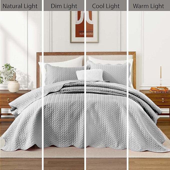 IR Imperial Rooms Queen Quilt Bedding Set Size (90" x 96") + 2 Pillow Shams (20" x 26"+ 2") - 3 Pcs All Season Lightweight Reversible Microfiber Coverlet Embossed Quilt Bedspread (Silver)