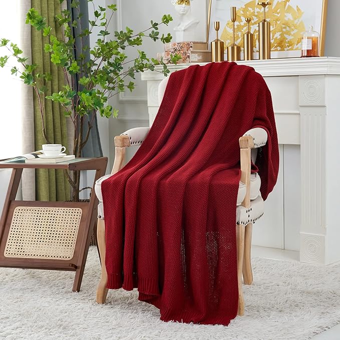 Longhui bedding Burgundy Cotton Cable Knit Throw Blanket for Couch Sofa Chair Bed Home Decorative, 3.4 Pounds 60 x 80 Inch Woven Throw Blankets with Bonus Laundering Bag