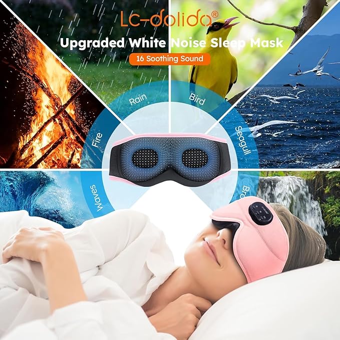LC-dolida White Noise Sleep Mask, 3D Sleep Headphones with 16 Soothing Sounds, Bluetooth 5.4 Sleep Eye Mask with Timer, Total Blackout Sleeping Headphones for Side Sleeper (Black) (Pink)