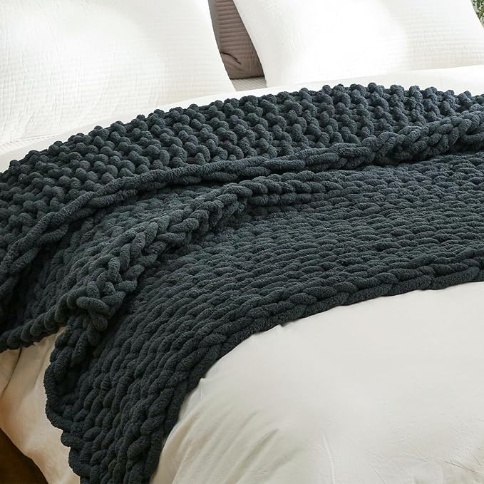 YAAPSU Chunky Knit Throw Blanket for Couch, 51"x63", 100% Hand Knitted Thick Cable Knit with Cozy Jumbo Chenille Yarn, Soft Large Rope Knot Crochet Blankets for Sofa Bed Living Room Décor, Black Grey