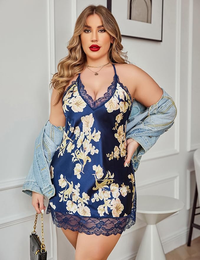 Avidlove Women Lingerie Plus Size Satin Lace Chemise Nightgown Sexy Full Slips Sleepwear L-4XL