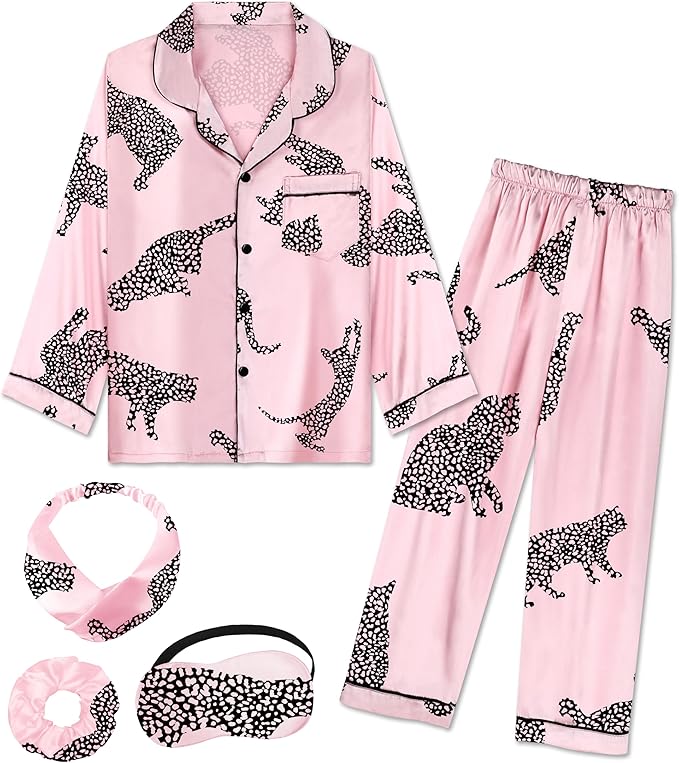 EPLAZA Kids Satin Pajamas Sets Girls Boys Button-Down Silky Pajamas Sleepwear with Hairband Eye Mask Hair Tie