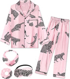 EPLAZA Kids Satin Pajamas Sets Girls Boys Button-Down Silky Pajamas Sleepwear with Hairband Eye Mask Hair Tie