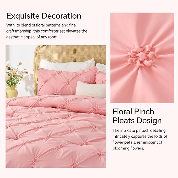 BEDELITE Pink Twin Comforter Set - 2 Peices Boho Pintuck Bedding Comforter Sets, Lightweight Soft & Warm Twin Bedding Sets with 1 Pillowcase for All Season