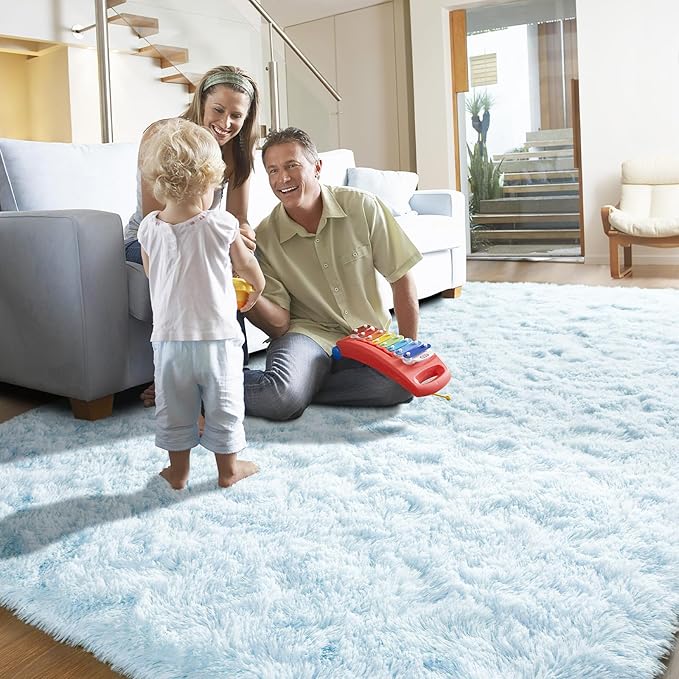 YJ.GWL Area Rugs for Living Room Bedroom, 5x8 Machine Washable Large Light Blue Carpet, Soft Fluffy Shaggy Thick Big Shag Indoor Floor Rug for Kids Boy and Girls Room Dorm Home Decor Aesthetic