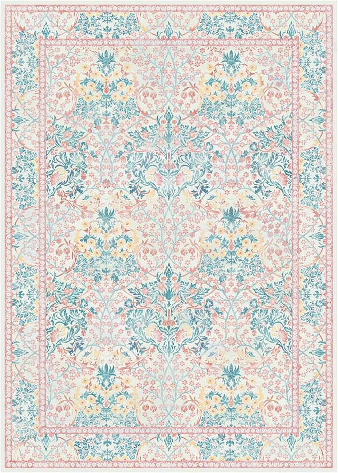 Lessymo Floral Washable Area Rugs 6x9, Soft Pink Rugs for Living Room Bedroom Nursery Dining Room, Vintage Carpet Mat Low Pile Non Slip Stain Resistance Distressed Retro Indoor, Pink Green
