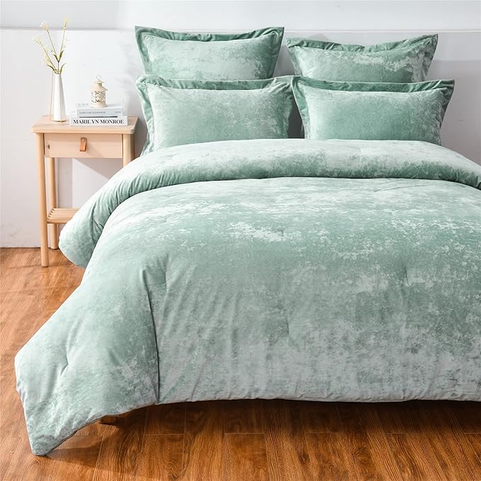 Fredsure Distressed Velvet Comforter Set, 5 Pieces Sage Green King, Distressed Velvet Face and Brushed Microfiber Reverse