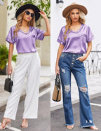 Ekouaer Silk Pajama for Women Short Sleeve Satin Pj Set Two Piece Soft Sleepwear Loungewear, S-XXL