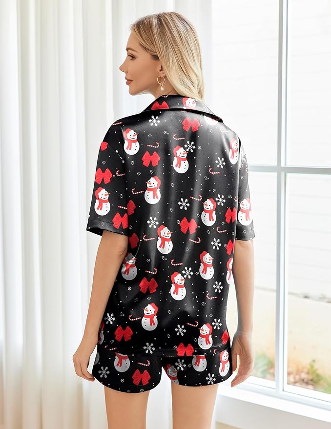 Ekouaer Pajamas for Women Silk Satin Pjs Soft Sleepwear Short Sleeve Button Down Pjs Top and Shorts 2 Piece Lounge Set S-XXL