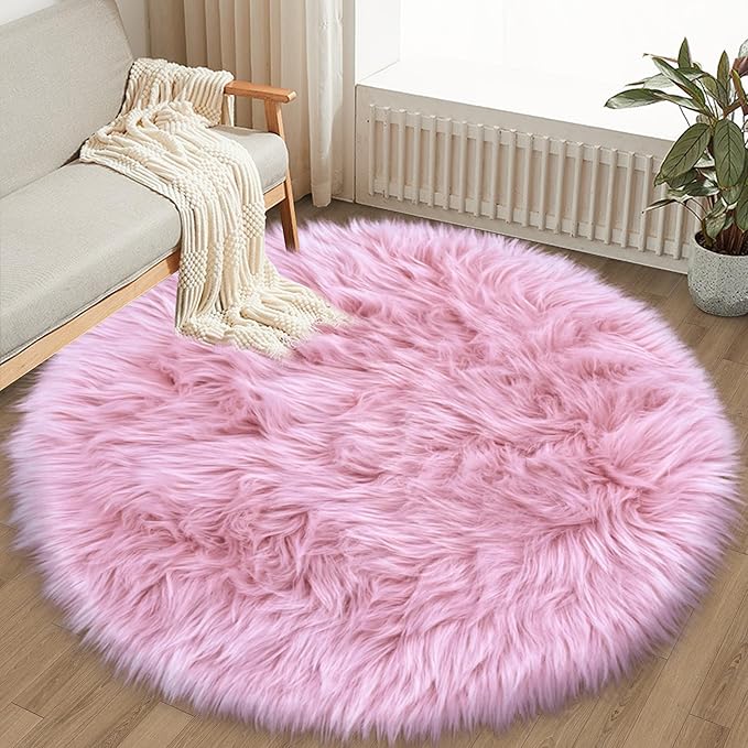 Pink 5'X5' High Pile Shag Rug, Fluffy Round Rug for Girls/Boys Room, Soft Circular Carpet for Nursery, Fuzzy Plush Rug for Dorm