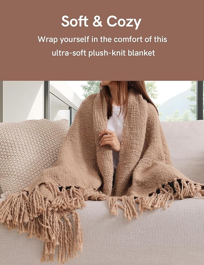 YnM Basketweave Chunky Knit Throw, Solid Neutral Vibe Textured Blanket with Tassel for Home Decor, 50 x 60 in, Beige