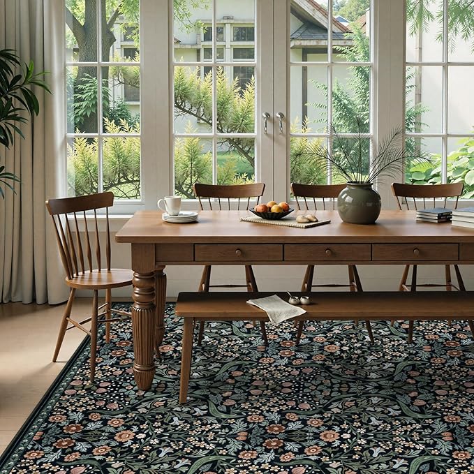 Lahome Claude Floral 9x12 Black Rug for Living Room, Boho Thin Stain Resistant Dining Room Rugs for Under Table, Soft Carpet with Rubber Backing for Guestroom