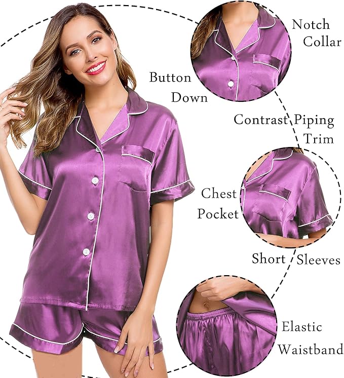 LecGee Womens Silk Satin Pajamas Short Sleeve Loungewear Two-Piece Sleepwear Button-Down Pj Set