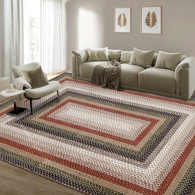 RUGSREAL Machine Washable Area Rug 6x9 Braided Rug for Living Room Modern Braid Printed Large Bedroom Rug Non Slip Dining Room Throw Rug Farmhouse Accent Carpet for Home Decor, Crimson/Earthy
