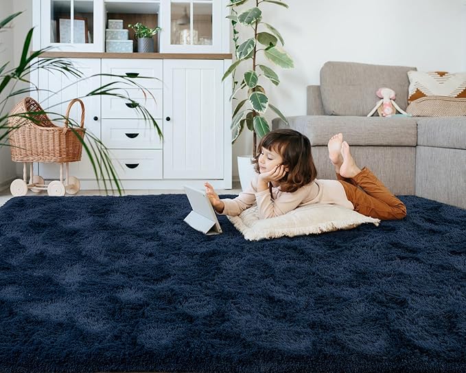 Softlife Rug for Bedroom 5.3x7.6 Feet Area Rug for Living Room Soft Shaggy Rugs for Kids Room Fluffy Fuzzy Carpets Long Plush Bedside Rug Nursery Christmas Home Decoration for Boys Girls, Navy Blue