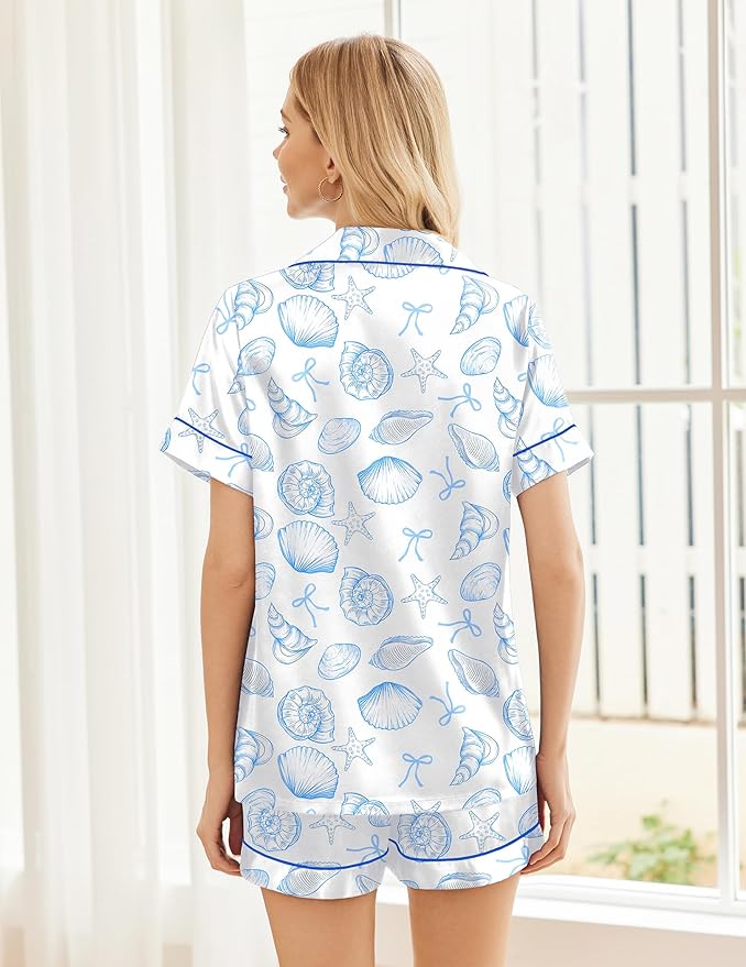 Ekouaer Womens Silk Satin Pajama Sets Soft Short Sleeve Button Down Sleepwear Top and Shorts 2 Piece Pjs Lounge Set