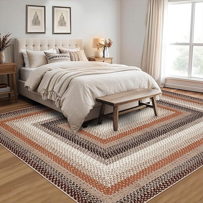 RUGSREAL Braided Washable Area Rug 8x10 Large Area Rug for Living Room Modern Braid Bedroom Carpet Stain Resistant Dining Room Throw Rug Soft Farmhouse Accent Carpet for Home Decor, Brown/Rust