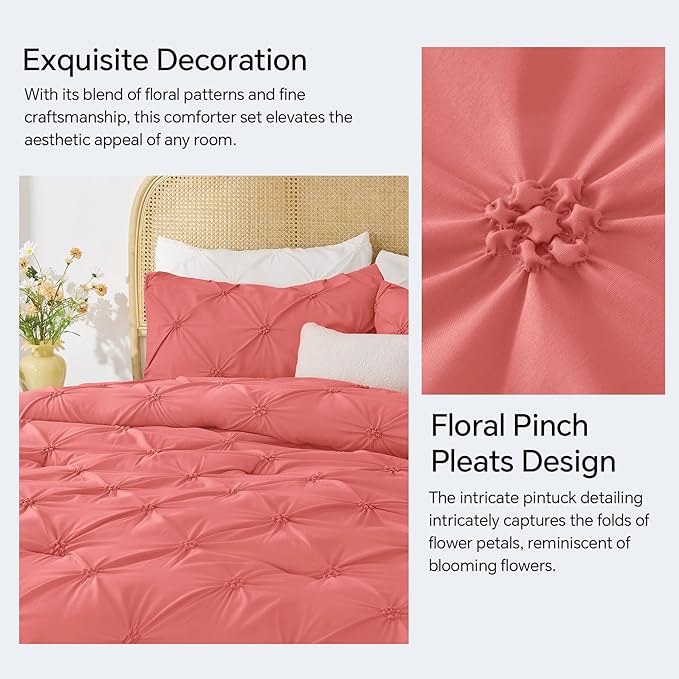 BEDELITE Coral King Size Comforter Set - 3 Pieces Boho Pintuck Bedding Comforter Sets, Lightweight Soft & Warm King Bedding Set with 2 Pillowcases for All Season