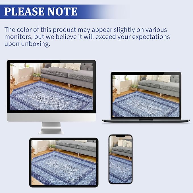 RUGSREAL 10x13 Large Living Room Rug Braided Print Rug Boho Throw Carpet Farmhouse Rustic Dining Room Carpet Non Slip Geometric Bordered Area Rug Bohemian Carpet for Bedroom Home Decor Office, Navy
