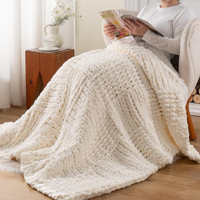 Bunnikins & Clover Cream White Hand Knitted Blanket with Chenille Yarn, Chunky Knit Ivory Throw Blanket for Bed Living Room Home Decor, 50"x60"