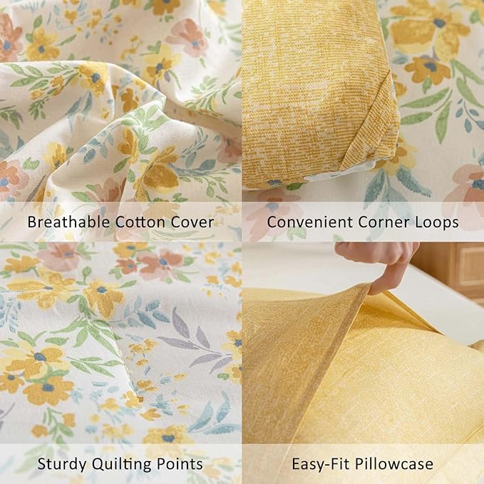 ALEISSEL Natural Cotton 3pcs Floral Comforter Sets King Size-Yellow Comforter with Pink & Yellow Flowers and Blue & Green Leaves on White, Reversible Lightweight Bedding Sets(King 104"×90")