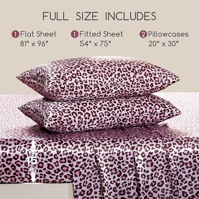 MR&HM Satin Bed Sheets with Elastic Corner Straps, Full Size Sheets Set, 4 Pcs Silky Bedding Set with 15 Inches Deep Pocket for Mattress (Full, Pink Leopard)