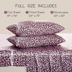 MR&HM Satin Bed Sheets with Elastic Corner Straps, Full Size Sheets Set, 4 Pcs Silky Bedding Set with 15 Inches Deep Pocket for Mattress (Full, Pink Leopard)