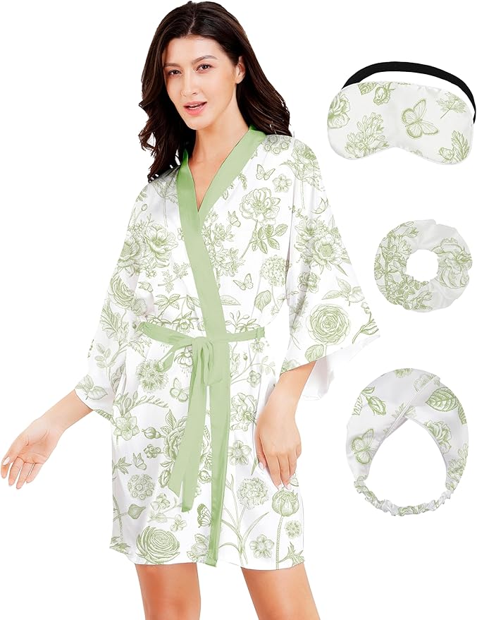 EPLAZA Silk Robes for Women Satin Robe Short Sexy Print Flower Kimono Loungewear Wedding Bridal Party