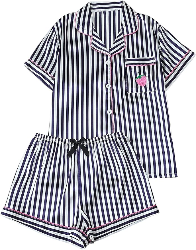 WDIRARA Women's Sleepwear Satin Short Sleeve Shirt and Shorts Pajama Set