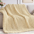 Negwoo Chunky Knit Throw Blanket, 60''*80'' Knitted Throw Chenille Yarn for Bed Couch, Handmade Oatmeal Crochet Big Thick Blanket, Machine Washable Cute Comfy Blanket for Home Decor