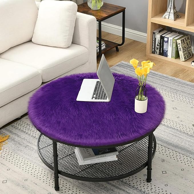 Fluffy Purple Round Rug 3ft Faux Small Fur Circle Rugs for Bedroom Living Room, Soft Furry Faux Sheepskin Round Mat Carpet for Room Floor Decor Chair Seat Covers Plush Throw Rugs Circular