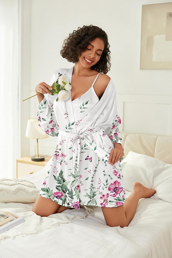 Ekouaer Women's Silk Robe Set V-neck 2 Piece Bridal Party Robes and Satin Bathrobe Set with Pockets