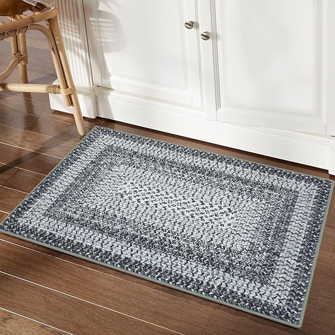 RUGSREAL 2x3 Entryway Rug Small Bedroom Area Rug Braided Printed Mat for Living Room Farmhouse Kitchen Mat Indoor Non Slip Rustic Throw Carpet Machine Washable Rug for Sink Under Table, Grey