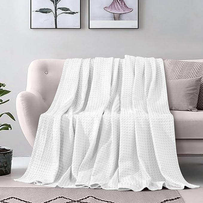 Elegant Comfort Premium 100% Cotton Waffle Blanket - Lightweight Breathable Waffle Weave Bed Blanket - Soft and Warm All Season Blanket for Couch, Sofa and Bed, King Size 90x108 Inches, White