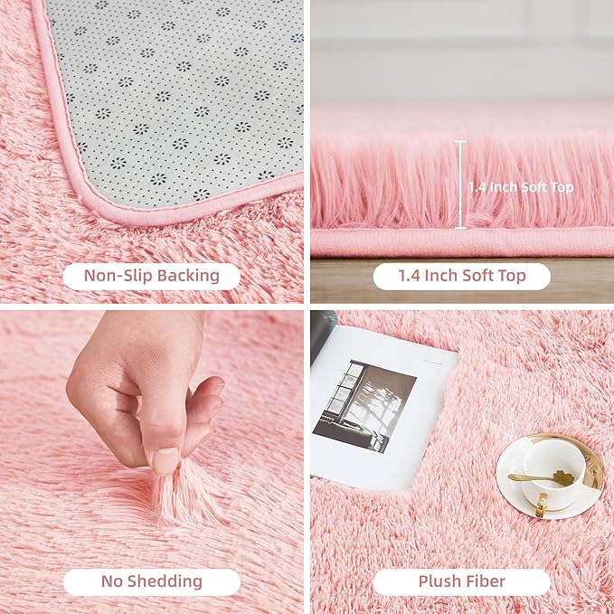 Litanika 9x12 Shag Area Rug for Living Room Bedroom, Pink High Pile Soft Plush Shaggy Furry Cute Bedside Playroom Dorm Carpet, Non-Slip, Non-Shedding Modern Indoor Floor Rug